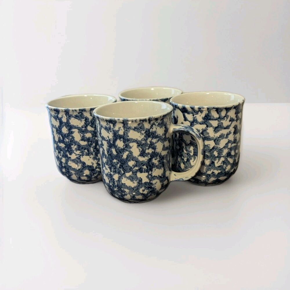 Set of 4 VTG Tienshan Folk Craft Blue &‎ Cream Sponge Splatter Coffee Cups